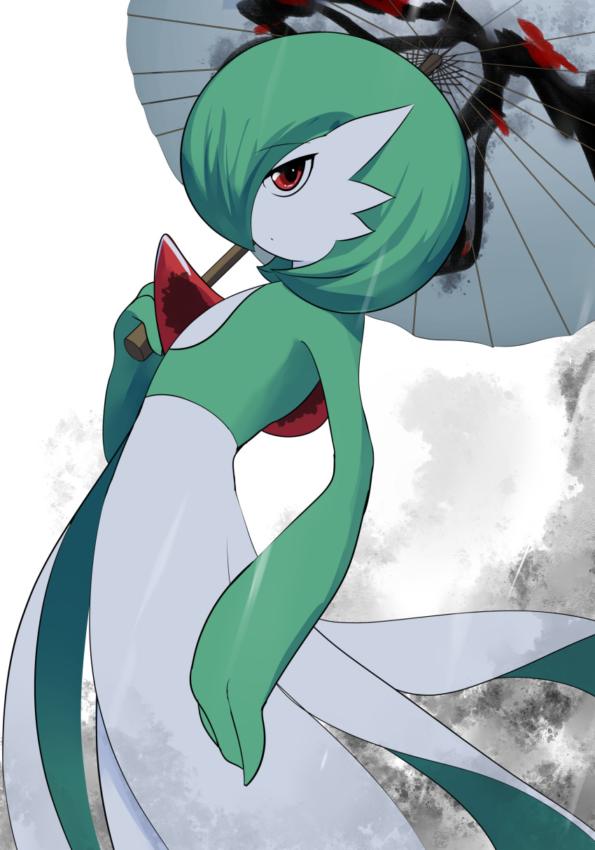 absurdres antennae between_breasts blurry blurry_background bob_cut breasts colored_skin commission dress ears elbow_gloves gardevoir gen_3_pokemon gloves green_dress green_gloves green_hair highres legs light-skinned_females lips long_ears long_legs nintendo pixiv pixiv_commission pixiv_id pixiv_username pointy_ears pokemon red_eyes sana!rpg short_hair thighs umbrella white_background white_dress white_lips white_skin
