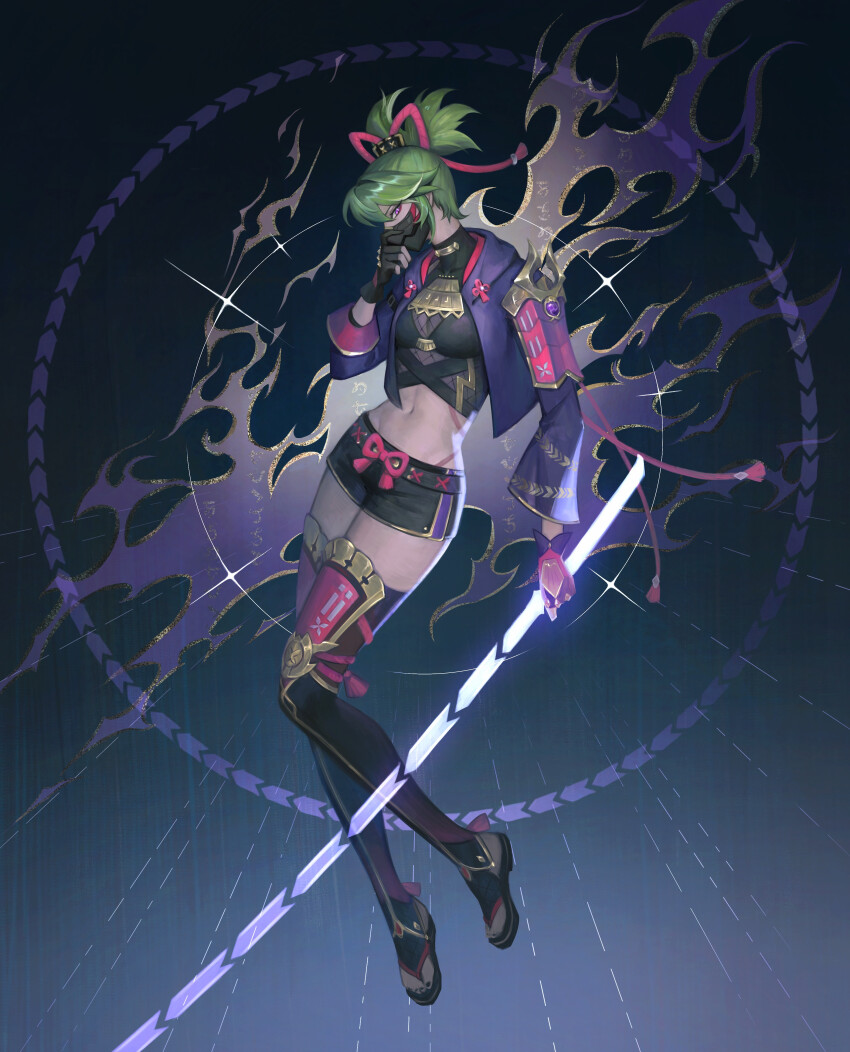 1girl absurdres black_background black_shirt black_shorts black_thighhighs bridal_legwear cropped_jacket full_body genshin_impact gradient_background green_hair hand_on_mask hand_on_own_face highres holding jacket kgynh kuki_shinobu long_sleeves looking_at_viewer magic mask medium_hair midriff mouth_mask multicolored_background navel ninja_mask purple_eyes purple_jacket shirt short_shorts shorts simple_background solo sparkle swept_bangs thighhighs turtleneck
