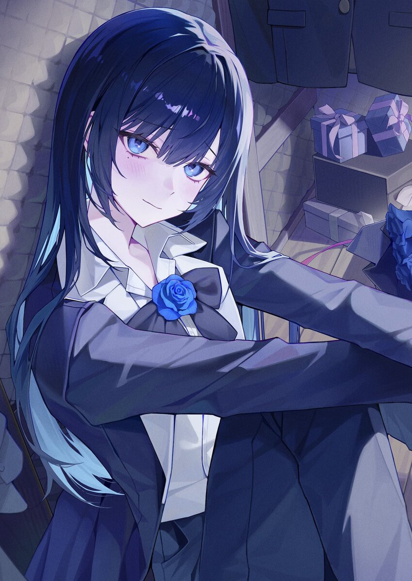 1girl acoustic_foam ado_(utaite) black_bow black_bowtie black_flower black_pants black_rose blue_eyes blue_flower blue_hair blue_rose blush bow bowtie brooch chando_(ado) closed_mouth coat collared_shirt commentary_request dress_shirt flower flower_brooch gift highres korean_commentary long_hair long_sleeves looking_at_viewer mole mole_under_eye myao_(myaodayone) open_clothes open_coat pants rose shirt sidelocks sitting solo utaite white_shirt