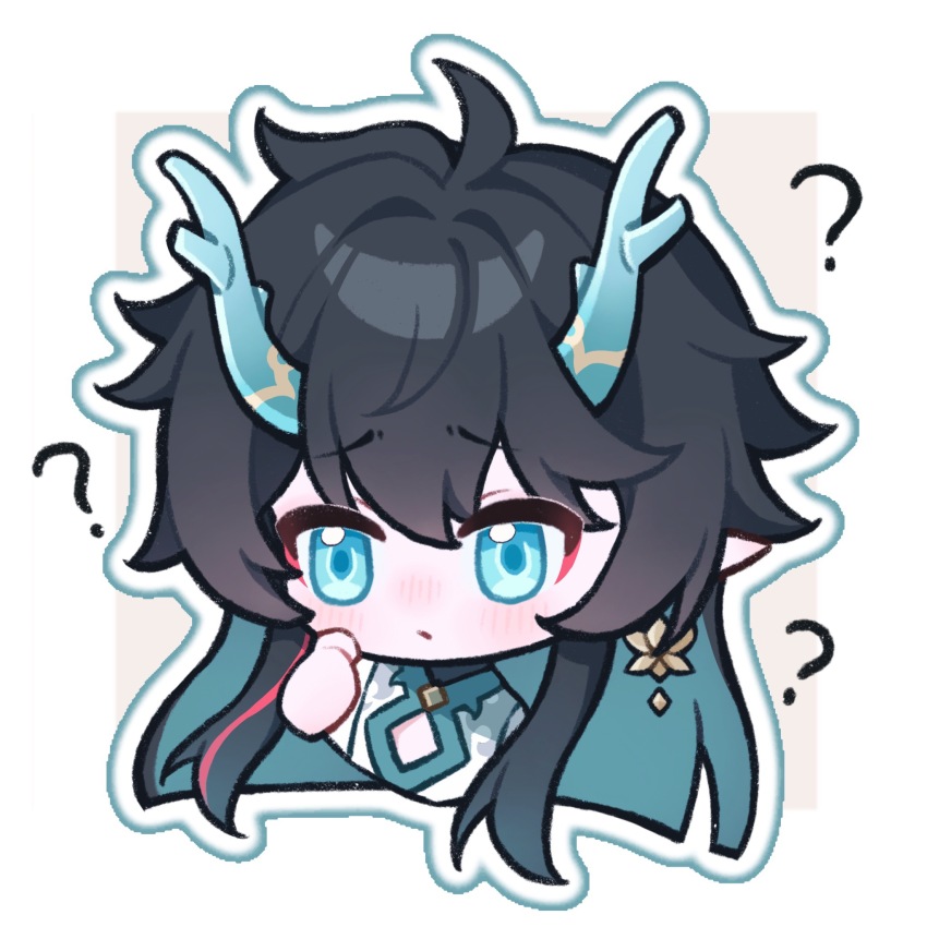 1boy ? black_hair border chibi chibi_only chinese_commentary closed_mouth commentary_request dan_heng_(honkai:_star_rail) dan_heng_(imbibitor_lunae)_(honkai:_star_rail) eastern_dragon_horns eyeliner green_eyes green_hair green_horns highres honkai:_star_rail honkai_(series) horns long_hair looking_at_viewer makeup male_focus masaki_(inner_garden) red_eyeliner ruo_qi simple_background solo white_border yellow_background