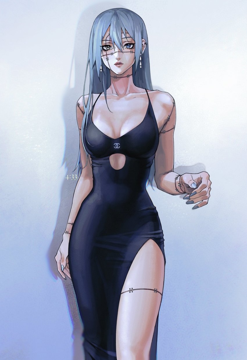 04idontexist 1girl artist_name bare_shoulders black_dress blue_nails breasts cleavage collarbone curvy cutout cutout_above_navel dress ear_piercing earrings female_focus fingernails hair_between_eyes heterochromia highres jewelry jujutsu_kaisen logo long_fingernails long_hair looking_at_viewer mahito_(jujutsu_kaisen) medium_breasts nail_polish piercing scar scar_on_arm scar_on_face scar_on_forehead scar_on_leg scar_on_neck scar_on_thigh shadow shoulderless_dress side_slit sidelocks sleeveless sleeveless_dress solo stitches textless_version