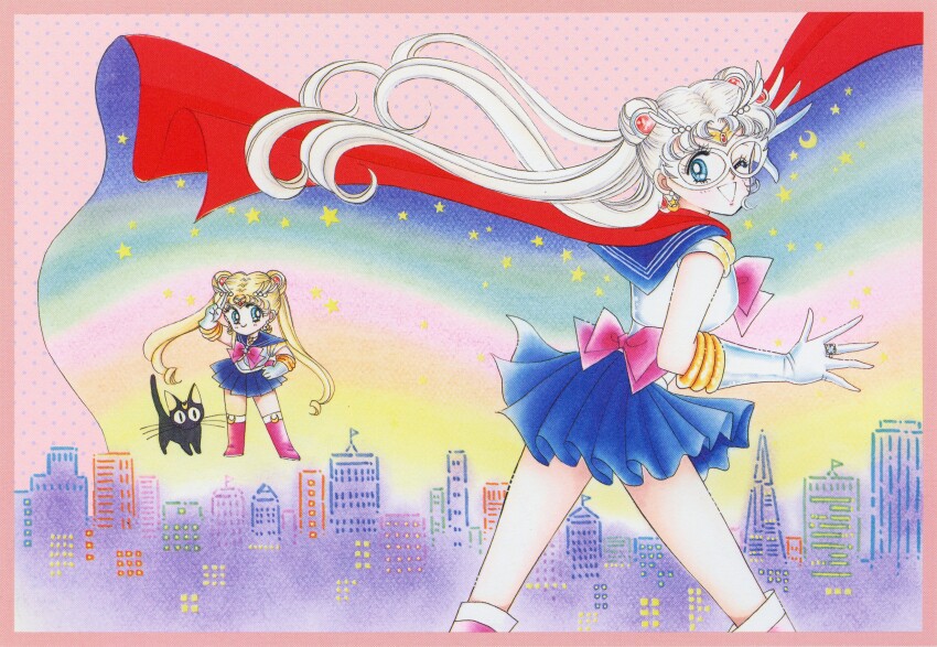 1990s_(style) 2girls ;d absurdres animal artbook bishoujo_senshi_sailor_moon black_cat blonde_hair blue_eyes blue_skirt boots border cape cat chibi chibi_inset city closed_mouth crescent crescent_earrings crescent_facial_mark domino_mask double_bun earrings facial_mark forehead_mark gloves hair_bun hand_on_own_hip highres jewelry long_hair looking_back luna_(sailor_moon) magical_girl mask multiple_girls no_nose official_art one_eye_closed open_mouth pale_skin pink_background pink_border pleated_skirt polka_dot polka_dot_background red_boots red_cape retro_artstyle ring sailor_moon sailor_moon_(prototype) sailor_senshi_uniform salute scan skirt skyline smile star_(symbol) star_earrings takeuchi_naoko tsukino_usagi two-finger_salute white_gloves white_hair white_mask