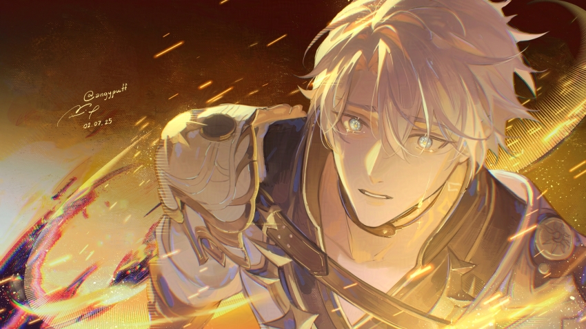 1boy angypuff armor black_choker black_shirt blue_eyes choker coat commentary crying crying_with_eyes_open dated highres honkai:_star_rail honkai_(series) male_focus neck_tattoo parted_bangs pauldrons phainon_(honkai:_star_rail) shirt short_hair shoulder_armor signature single_pauldron solo tattoo tears white_coat white_hair
