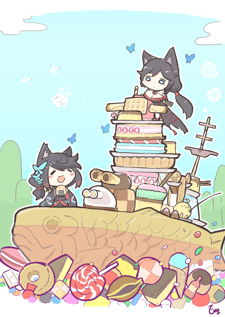 2girls absurdres animal_ears azur_lane black_hair black_kimono blue_eyes blue_sky breasts butterfly_hair_ornament cake candy cat_ears chibi cleavage donut food fusou_(azur_lane) fusou_(meta)_(azur_lane) hair_ornament helicopter_tail highres himajin_(fd_jin) japanese_clothes kimono large_breasts lollipop long_hair long_sleeves looking_at_another macaron manjuu_(azur_lane) multiple_girls open_mouth sky too_many twintails wide_sleeves