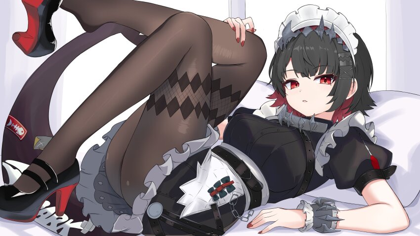 1girl absurdres apron ass black_dress black_hair black_pantyhose breasts colored_inner_hair dress ellen_joe fins fish_tail frilled_wristband hair_ornament head_on_pillow high_heels highres indoors looking_at_viewer maid maid_apron maid_headdress medium_breasts metal_hairband mole mole_under_eye multicolored_hair nail_polish on_bed pantyhose parted_lips pillow red_eyes red_hair red_nails ruushe0416 shark_girl shark_tail shoes short_hair short_sleeves solo spiked_headband tail thighs two-tone_hair white_apron x_hair_ornament zenless_zone_zero