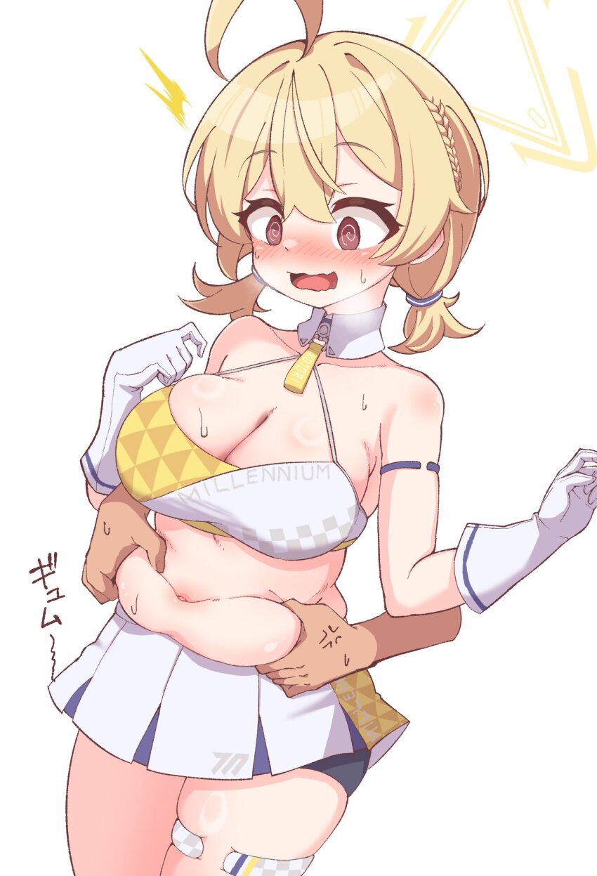 1girl @_@ ahoge armband belly_grab bike_shorts bike_shorts_under_skirt blonde_hair blue_archive blush breasts cheerleader cleavage detached_collar gloves halo highres kotori_(blue_archive) kotori_(cheer_squad)_(blue_archive) large_breasts low_twintails medium_hair navel open_mouth plump red_eyes short_twintails skirt sweat tachibana_(cyclone1316) thigh_strap twintails wavy_mouth white_background white_gloves