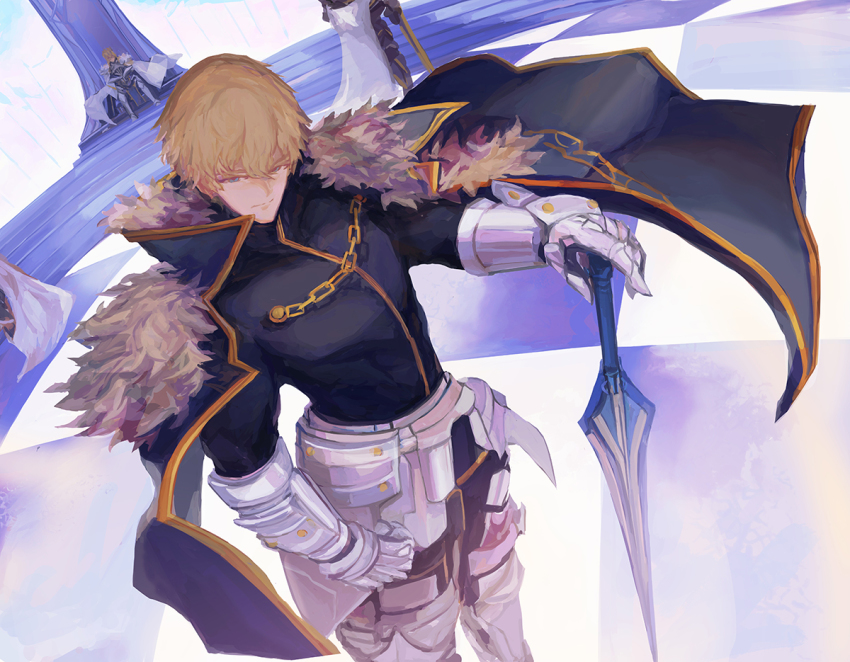 1boy 1girl armor artoria_pendragon_(fate) artoria_pendragon_(lancer)_(fate) black_gloves blonde_hair blue_cape blue_eyes cape collared_cape excalibur_galatine_(fate) fate/extra fate/grand_order fate_(series) fur_collar gauntlets gawain_(fate) gloves holding holding_sword holding_weapon knight knights_of_the_round_table_(fate) long_sleeves lousun male_focus short_hair sitting solo_focus standing sword throne throne_room weapon