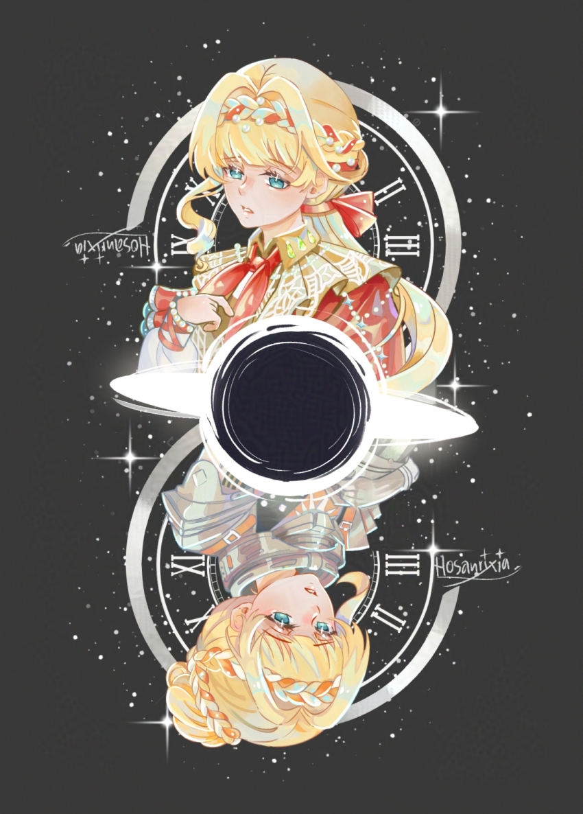 1girl astronaut black_background black_hole blonde_hair blue_eyes braid braided_bangs bun_with_braided_base cloak hair_bun hand_up highres hosanrixia kiperina long_hair low_ponytail multiple_views neckerchief ponytail red_cloak red_neckerchief reverse:1999 rotational_symmetry short_hair spacesuit sparkle