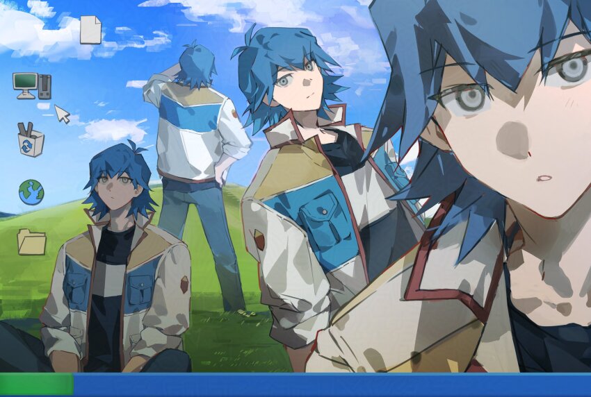 1boy black_shirt bliss_(image) blue_eyes blue_hair blue_pants bruno_(yu-gi-oh!) close-up cursor from_behind highres jacket male_focus microsoft_windows multiple_views nrkse0n pants shirt short_hair sitting standing white_jacket windows_xp yu-gi-oh! yu-gi-oh!_5d&#039;s