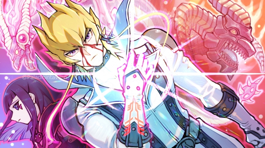 1boy 1girl black_hair black_hood black_sclera blonde_hair blood blood_on_face carly_nagisa clenched_hands coat colored_sclera dragon duel_monster earrings glowing glowing_hand hood hood_down izapara jack_atlas jewelry looking_at_viewer majestic_red_dragon medium_hair purple_eyes red_dragon_archfiend revision sharp_teeth social_media_composition solo_focus teeth upper_body white_coat yu-gi-oh! yu-gi-oh!_5d&#039;s
