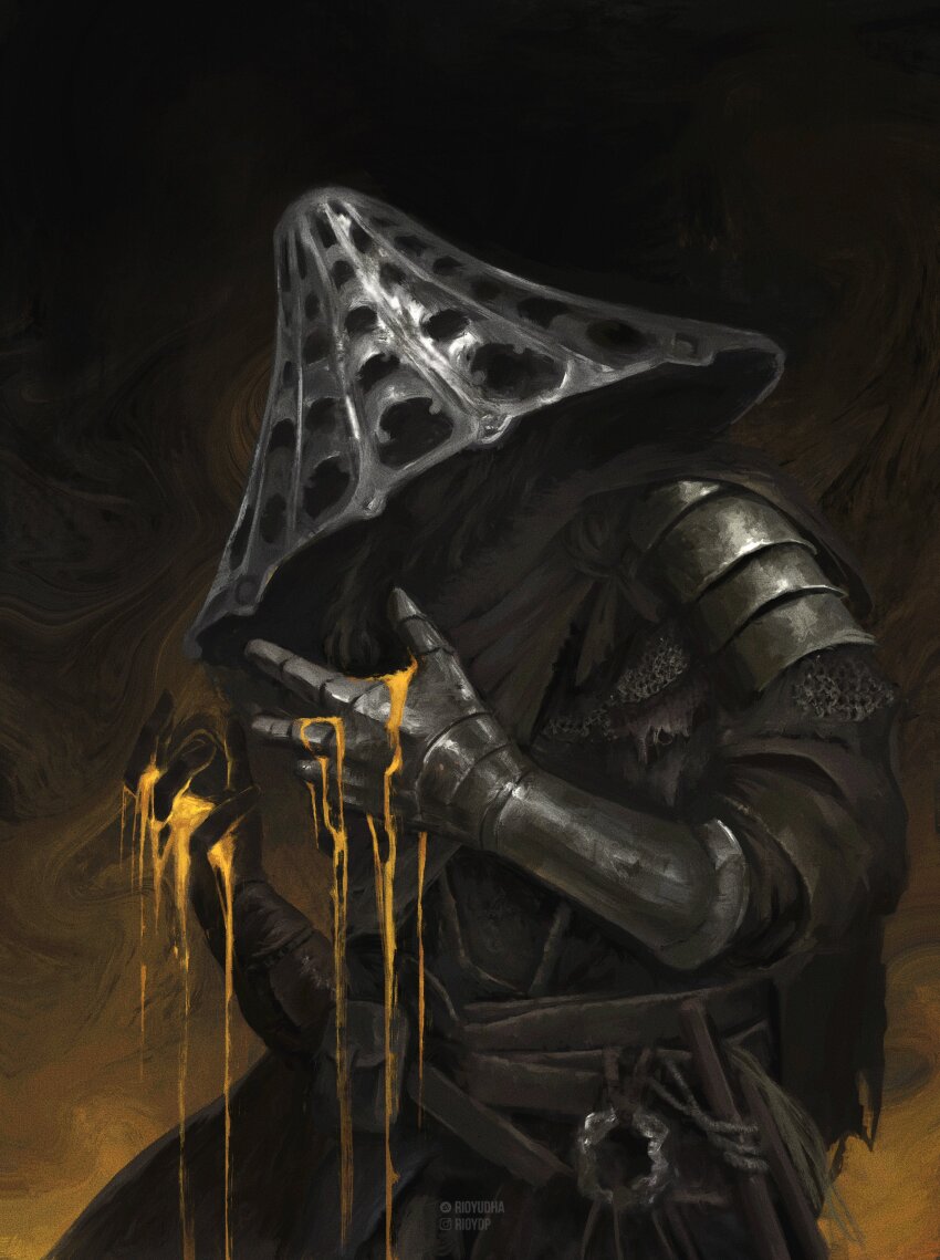 1boy 1girl absurdres armor brown_background elden_ring gauntlets gloves grey_hair hand_up hat highres instagram_logo instagram_username jingasa rioyudha22 shabriri_(elden_ring) shoulder_armor solo standing sword weapon yellow_blood
