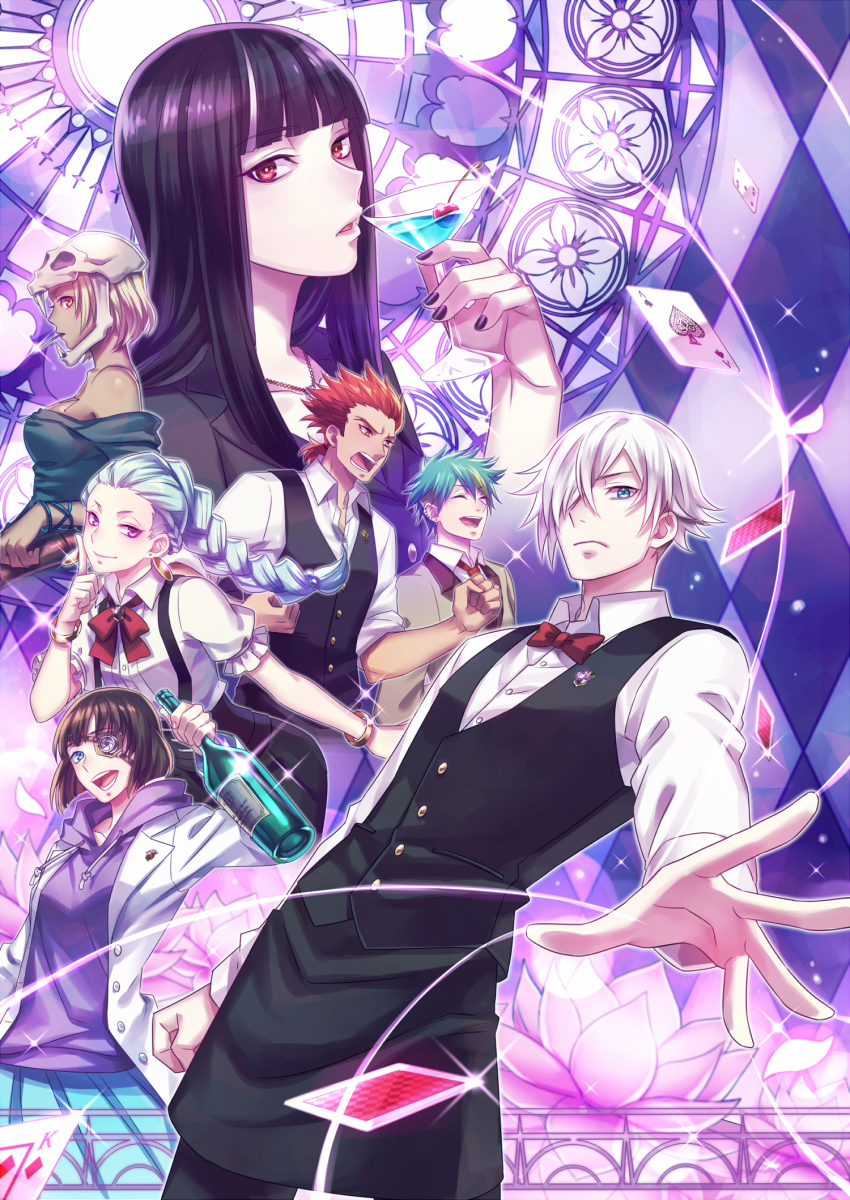 10s 3boys 4girls bare_shoulders bartender black_hair blue_eyes blue_hair bottle bow bowtie brown_hair card castra_(death_parade) cigarette clavis_(death_parade) cocktail_glass cup death_parade decim_(death_parade) drinking_glass eyepatch flower ginti green_hair hair_over_one_eye headgear highres hood hoodie kurokami_no_onna long_hair looking_at_viewer multiple_boys multiple_girls nona_(death_parade) open_mouth quin_(death_parade) red_hair smile suzaku_(zaku6584) uniform white_hair wine_bottle