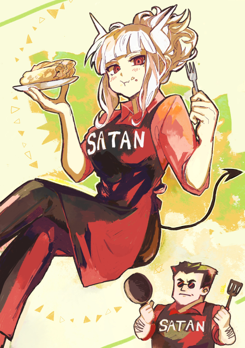 1boy 1girl absurdres apron black_hair blush commentary_request demon_girl demon_horns food helltaker helltaker_(character) highres horns lucifer_(helltaker) mole mole_under_eye pancake red_eyes red_shirt shirt sunglasses uninosono white_hair