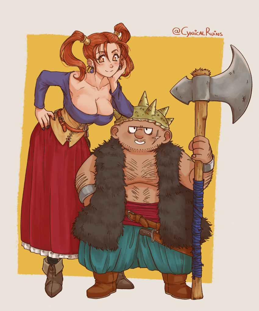 1boy 1girl absurdres breasts dragon_quest dragon_quest_viii highres jessica_albert large_breasts orange_hair yangus