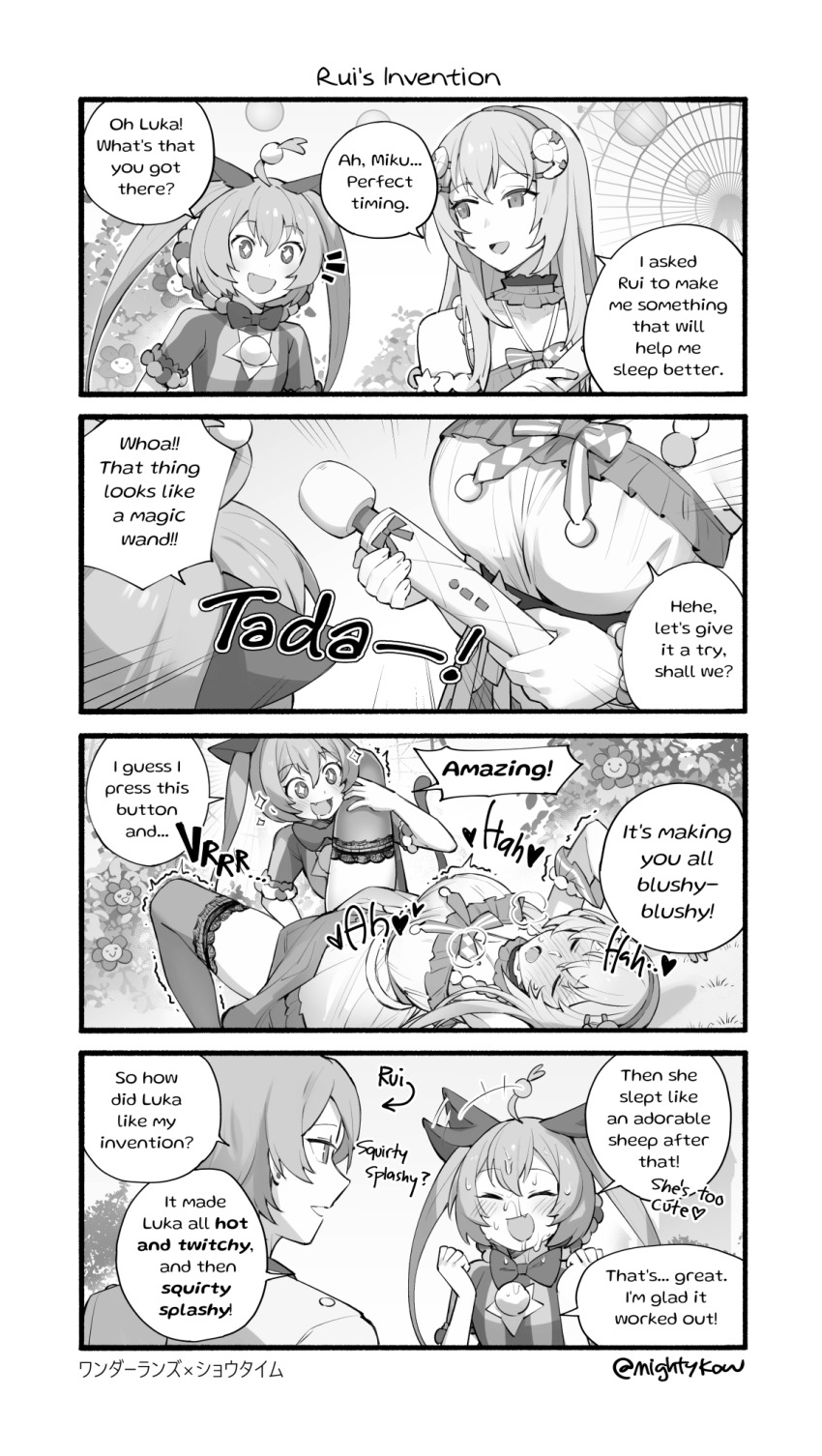 1boy 2girls blush breasts closed_eyes comic dress english_text female_pervert flower frills ge-b happy hatsune_miku highres kamishiro_rui megurine_luka multiple_girls pervert project_sekai pussy_juice sex_toy sparkle sparkling_eyes thighhighs twintails vibrator vocaloid yuri