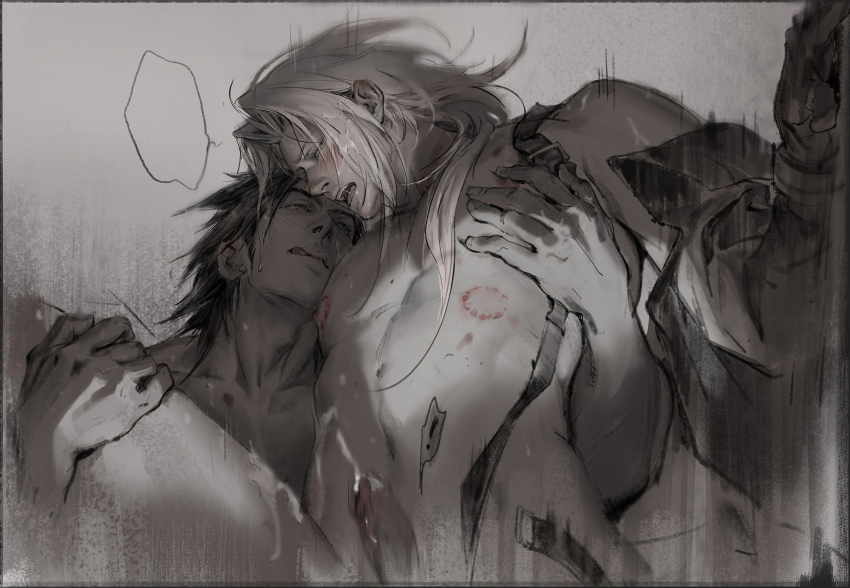 ! 2boys anal bite_mark_on_chest black_jacket crisis_core_final_fantasy_vii cum ejaculation final_fantasy final_fantasy_vii greyscale hair_slicked_back highres jacket long_hair luluzhang998873 male_focus medium_hair monochrome multiple_boys open_mouth parted_bangs sephiroth sideburns spoken_exclamation_mark sweatdrop tongue tongue_out upper_body yaoi zack_fair