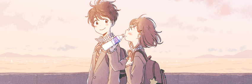 1boy 1girl :&gt; ad arm_at_side arm_up asahi_breweries backlighting backpack bag bag_charm black_bag black_eyes black_hair black_jacket blazer blush blush_stickers bob_cut bottle bow bowtie calpis charm_(object) closed_mouth cloud cloudy_sky diagonal-striped_bow dot_nose drink drinking evening eye_contact floating_hair from_side grey_eyes hair_behind_ear hair_ornament hairclip hand_up hatching_(texture) height_difference highres holding holding_bottle holding_drink holding_strap horizon itunohika jacket linear_hatching long_sleeves looking_at_another looking_to_the_side looking_up mountainous_horizon muted_color necktie nose_blush ocean official_art original outdoors pale_color plaid_clothes plaid_shirt product_placement profile purple_eyes purple_sky red_bow red_bowtie red_necktie school_uniform shirt short_hair shy sky smile soda_bottle sparkle star_(symbol) striped_bow striped_bowtie striped_clothes striped_necktie sunlight swept_bangs tareme twilight upper_body water wavy_mouth wind wing_collar