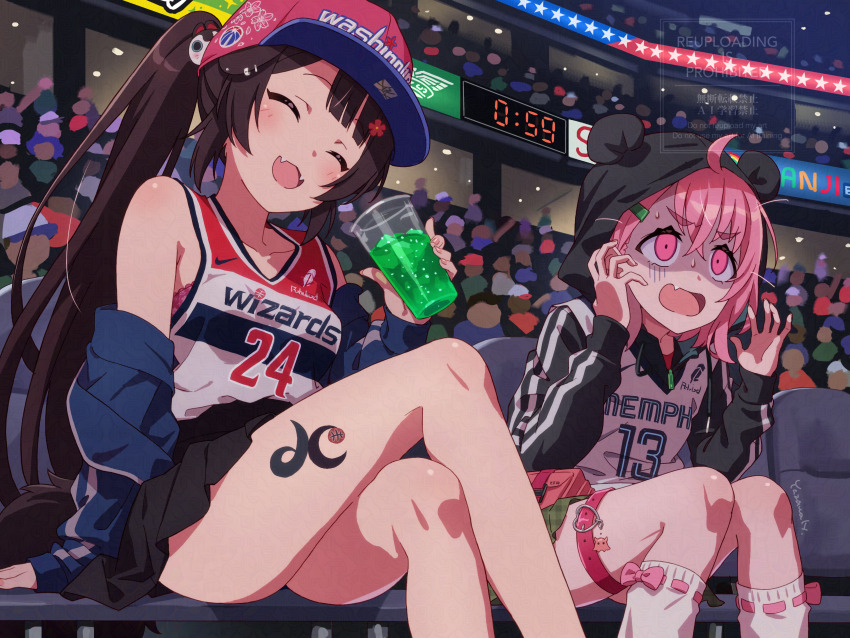 2girls absurdres ahoge alternate_costume animal_hair_ornament animal_hood anime_coloring audience bare_shoulders baseball_cap basketball_jersey belt black_hoodie black_skirt blue_jacket blunt_bangs blush bow bow_legwear bra bra_peek brown_hair buckle collarbone crossed_legs cup disposable_cup drawstring empty_eyes fang fangs flower_hairpin gloom_(expression) green_hair_ornament green_skirt hair_between_eyes hair_ornament hairclip hat head_tilt heart heart-shaped_buckle highres holding holding_cup hood hood_up hoodie inui_toko jacket layered_clothes leg_tattoo logo long_hair loose_socks medium_hair memphis_grizzlies messy_hair miniskirt multicolored_shirt multiple_girls national_basketball_association nervous_sweating nijisanji panda_hood pink_bow pink_bra pink_eyes pink_hair plaid_clothes plaid_skirt pleated_skirt red_hat sanpaku sasaki_saku shaded_face shiny_skin shirt side_ponytail sidelocks signature sitting skirt sleeveless sleeveless_shirt smile socks sports_bra_peek stadium surprised sweat tattoo thigh_belt thigh_strap turn_pale underwear v-shaped_eyebrows virtual_youtuber washington_wizards watermark white_shirt white_socks yazawa_happyaro