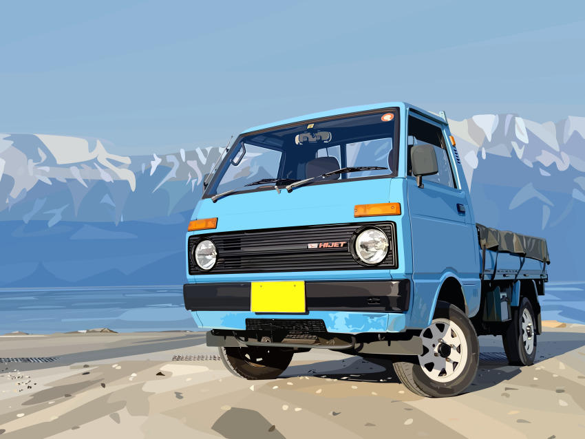 absurdres commission cybernipper daihatsu daihatsu_hijet highres kei_truck motor_vehicle mountain no_humans original outdoors pixiv_commission shadow sky solo truck vehicle_focus
