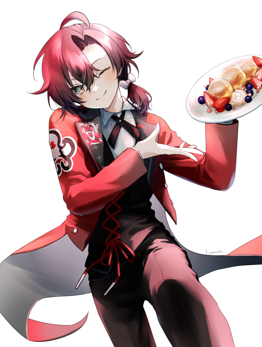 1boy ;) alternate_costume belt black_belt black_vest blueberry bow coat cross_tie curtained_hair dress_shirt feet_out_of_frame food fruit green_eyes hair_between_eyes hair_bow head_tilt highres holding holding_plate holostars holostars_english lapels long_sleeves looking_at_viewer low_ponytail luma8b machina_x_flayon male_focus medium_hair multicolored_eyes notched_lapels one_eye_closed open_clothes open_coat orange_eyes pancake pants plate ponytail powdered_sugar red_coat red_hair red_pants red_ribbon ribbon shirt short_ponytail simple_background smile solo strawberry syrup tailcoat vest virtual_youtuber whipped_cream white_background white_bow white_shirt