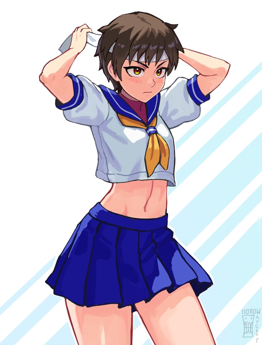 1girl absurdres bare_arms blue_sailor_collar blue_skirt brown_eyes brown_hair commentary cowboy_shot english_commentary headband highres kasugano_sakura midriff navel neckerchief pleated_skirt puffy_short_sleeves puffy_sleeves sailor_collar school_uniform serafuku serious shirt short_hair short_sleeves simple_background skirt solo street_fighter tomboy tying_headband v-shaped_eyebrows watcher_hollow white_shirt yellow_neckerchief