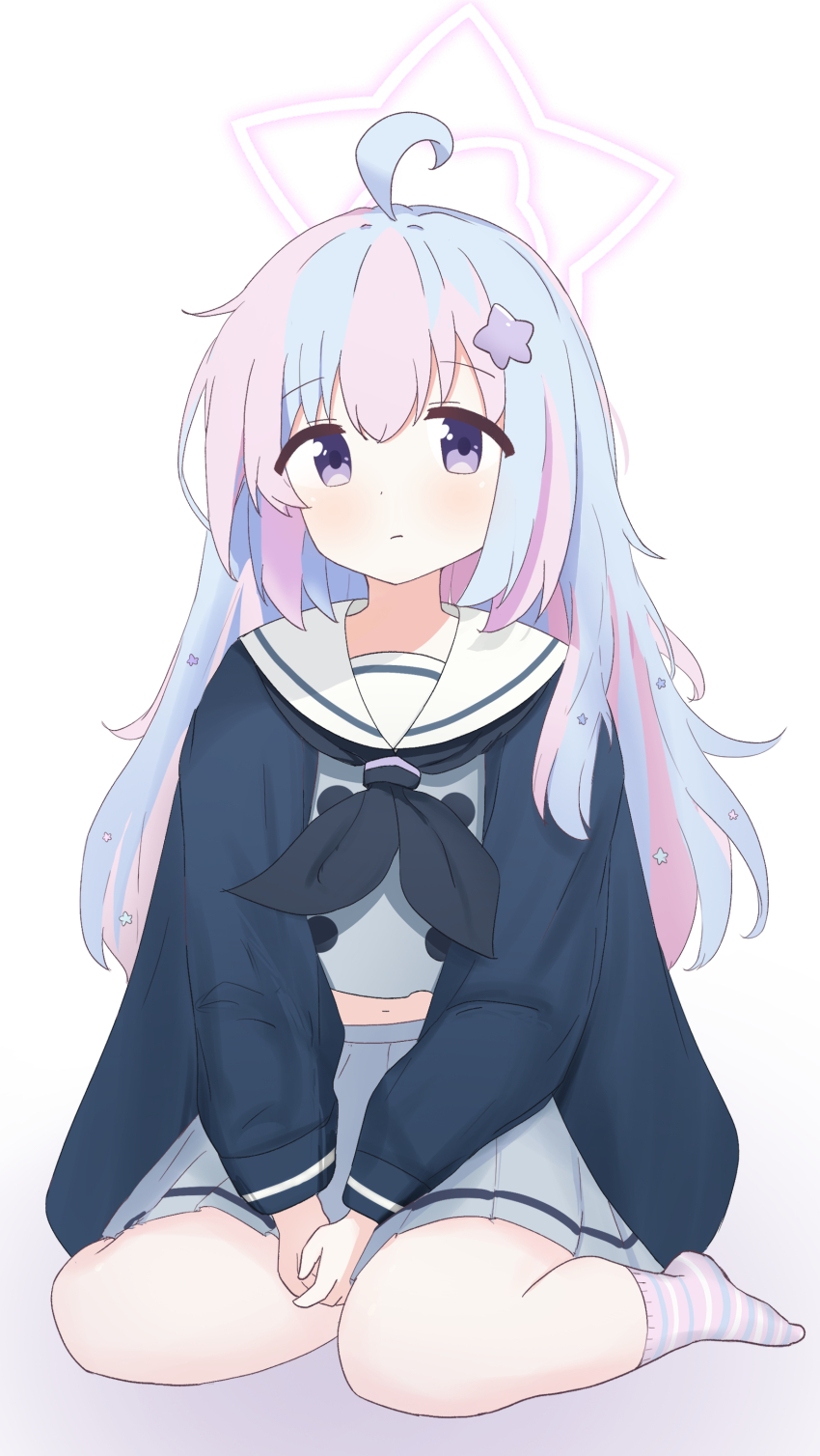 1girl absurdres ahoge blue_archive blue_hair commentary facing_viewer hair_down hair_ornament halo highres jacket kneeling long_hair long_sleeves looking_at_viewer multicolored_hair navel neckerchief pink_hair pleated_skirt purple_eyes purple_socks reisa_(blue_archive) sailor_collar school_uniform serafuku simple_background skirt sky socks star_(symbol) star_hair_ornament twintails two-tone_hair user_uecy3552