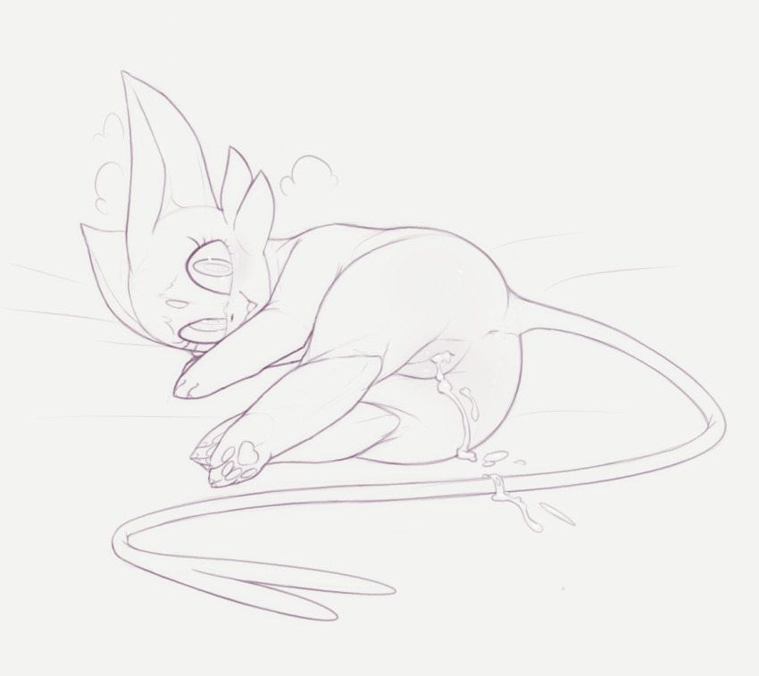 1girl :3 animal_focus animal_sexualization anus ass blush breath cleft_of_venus cum cum_in_pussy cum_on_body cum_on_legs cum_on_tail cumdrip espeon female_focus forehead_jewel from_behind full_body gen_2_pokemon grey_background greyscale happy kekitopu looking_at_viewer lying monochrome nintendo on_side open_mouth pawpads pokemon pokemon_(creature) pussy raised_eyebrows simple_background sketch smile solo uncensored wide-eyed