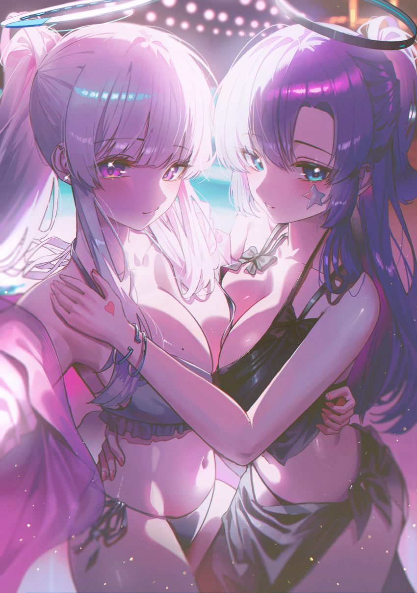 2girls absurdres alternate_costume alternate_hairstyle bikini black_bikini black_halo black_sarong blue_archive blue_eyes blue_hair bracelet breast_press breasts cleavage commentary domi_(hongsung0819) half_updo halo highres hug jewelry large_breasts light_particles multiple_bracelets multiple_girls navel noa_(blue_archive) party ponytail purple_eyes sarong side-tie_bikini_bottom star_sticker sticker_on_face swimsuit symmetrical_docking white_bikini white_hair white_halo yuuka_(blue_archive)