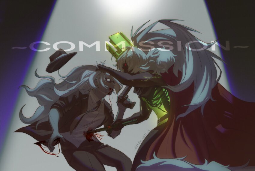 1x1x1x1_(roblox) 2boys black_jacket black_necktie blood blood_from_mouth blood_splatter blue_skin cape catnip_cataria chance_(forsaken) collared_shirt colored_skin commission crown dark-skinned_male dark_skin death double-parted_bangs empty_eyes english_text fedora feet_out_of_frame forsaken_(roblox) fur_collar glowing_skin grabbing_another&#039;s_hair gun gun_to_chin handgun hat high_ponytail highres holding holding_another&#039;s_hair holding_gun holding_sword holding_weapon impaled jacket long_hair looking_at_another male_focus multiple_boys murder mutual_kill necktie ponytail red_cape ribs shirt sleeves_rolled_up spotlight sword very_long_hair watermark weapon white_hair white_shirt