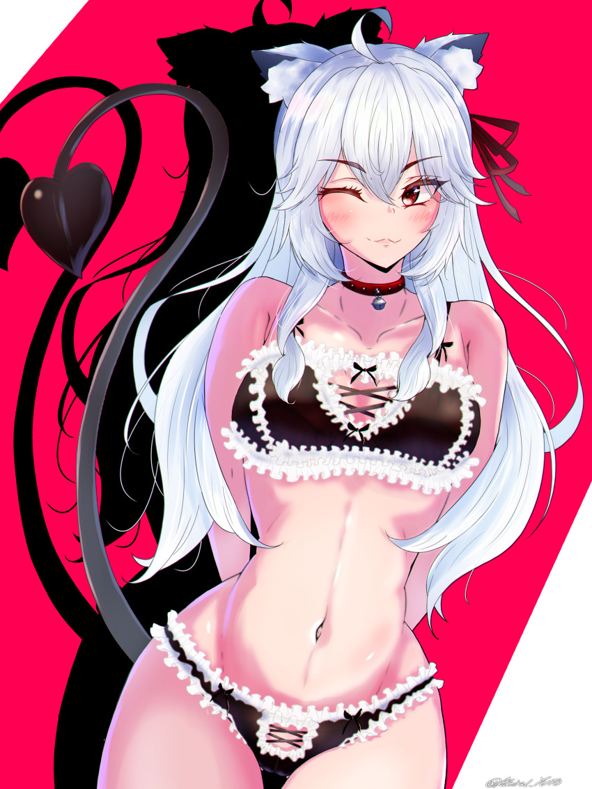 1girl :3 absurdres ahoge animal_ears arms_behind_back bell black_bra black_choker black_panties black_tail bra cat_ears choker closed_mouth commentary commission cowboy_shot demon_tail dutch_angle english_commentary frilled_bra frilled_panties frills grey_hair groin highres lingerie long_hair looking_at_viewer navel neck_bell one_eye_closed original panties red_eyes shadow skeb_commission smile solo standing tail twitter_username underwear underwear_only virtual_youtuber yoko_hata