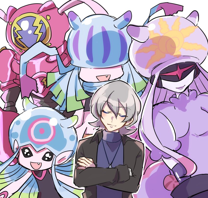 amphimon android armor bandaged_arm bandages blue_eyes digimon digimon_(creature) digimon_ghost_game diving_suit full_armor gynoid higashimitarai_kiyoshiro highres jellyfish_girl jellymon mask mecha_girl monster_girl no_eyes robot_girl short_hair tentacle_hair tentacles teslajellymon thetismon white_hair
