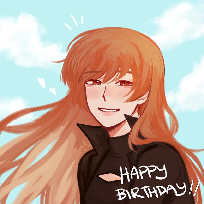 1girl :d above-cleavage_cutout absurdres black_bodysuit black_jacket blonde_hair bodysuit brown_eyes clothing_cutout dokjasepilogue double-parted_bangs happy_birthday highres jacket looking_at_viewer notice_lines omniscient_reader&#039;s_viewpoint open_mouth popped_collar smile solo yoo_sangah