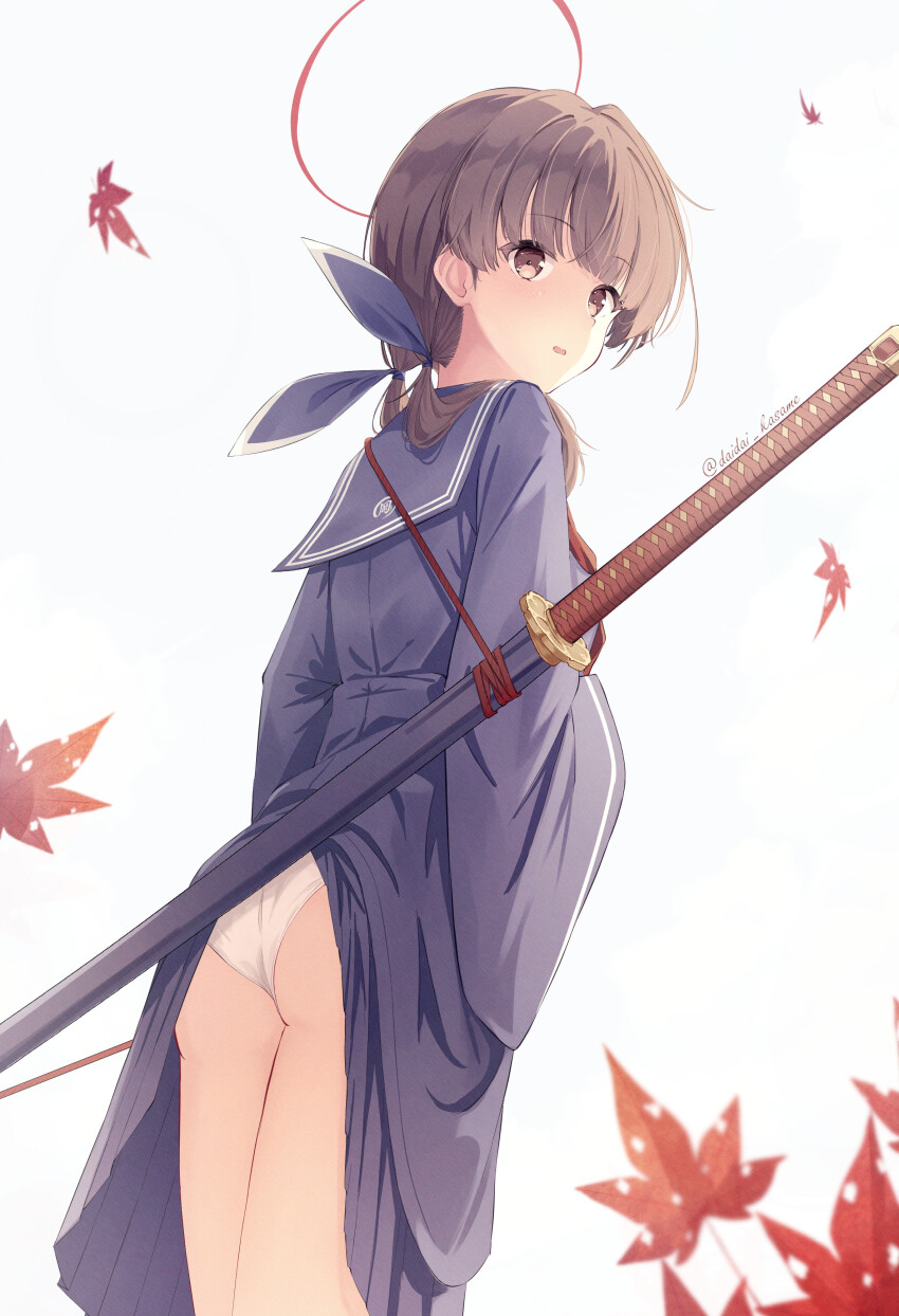 1girl absurdres ass black_hair blue_ribbon blue_sailor_collar blue_skirt brown_eyes cloud daidai_(daidai826) falling_leaves from_behind hair_ribbon halo highres katana leaf long_sleeves low_twintails maple_leaf ohitome_kohane panties parted_lips pleated_skirt project_kv red_halo ribbon sailor_collar sheath sheathed skirt skirt_caught_on_object sky sword turning_head twintails twitter_username underwear weapon wedgie white_panties