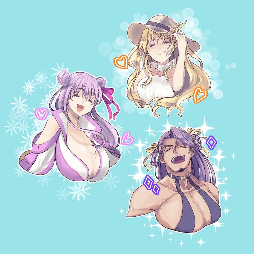 1boy 25uha 2girls bb_(fate) bb_dubai_(fate) bb_dubai_(fate)_(cosplay) black_dress blurry bokeh breasts cosplay crossdressing depth_of_field dress duryodhana_(fate) ereshkigal_(fate) fabulous facial_hair fate/grand_order fate_(series) goatee goatee_stubble hat highres huge_breasts large_pectorals long_hair male_focus mature_male multiple_girls muscular muscular_male passionlip_(celeb_summer_experience_swimsuit)_(fate) passionlip_(fate) pectoral_cleavage pectorals purple_eyes purple_hair ribbon sidepec smile space_ereshkigal_(fate) space_ereshkigal_(first_ascension)_(fate) sparkle sparkling_aura stubble sun_hat yellow_ribbon