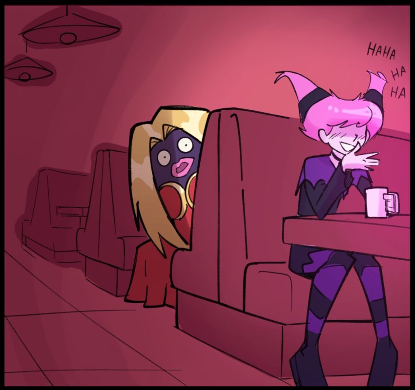 1girl blonde_hair blush crossover cup dc_comics gen_1_pokemon grin hair_up hand_up holding holding_cup indoors jinx_(dc) jynx letterboxed long_hair malcontent name_connection nintendo pantyhose peeking pink_hair pink_pantyhose pokemon pokemon_(creature) purple_pantyhose sitting smile striped_clothes striped_pantyhose teen_titans