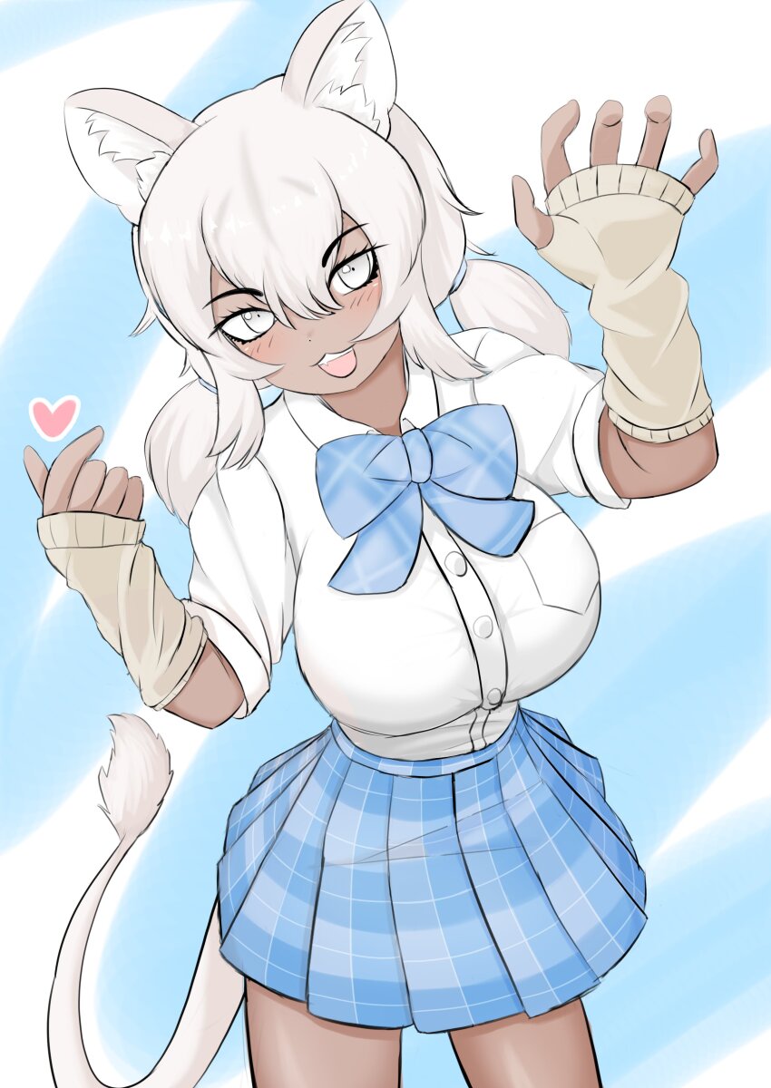 1girl :3 absurdres animal_ears blue_bow blue_bowtie blue_skirt blush bow bowtie breasts collared_shirt cowboy_shot dark-skinned_female dark_skin detached_sleeves grey_eyes highres kemono_friends kemono_friends_3 lion_ears lion_girl lion_tail looking_at_viewer oaug241 open_mouth plaid_bow plaid_bowtie plaid_clothes plaid_skirt pleated_skirt school_uniform shirt short_hair short_sleeves skirt sleeves_past_wrists smile solo t-shirt tail thumb_hole_sleeves transvaal_lion_(kemono_friends) twintails white_shirt white_sleeves