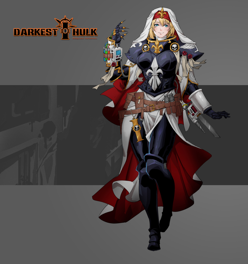 1girl adepta_sororitas ammunition_pouch armor belt blonde_hair blue_eyes darkest_dungeon fleur-de-lis highres long_hair long_skirt looking_at_viewer needle pouch power_armor purity_seal rmulderz simple_background skirt skull smile solo warhammer_40k