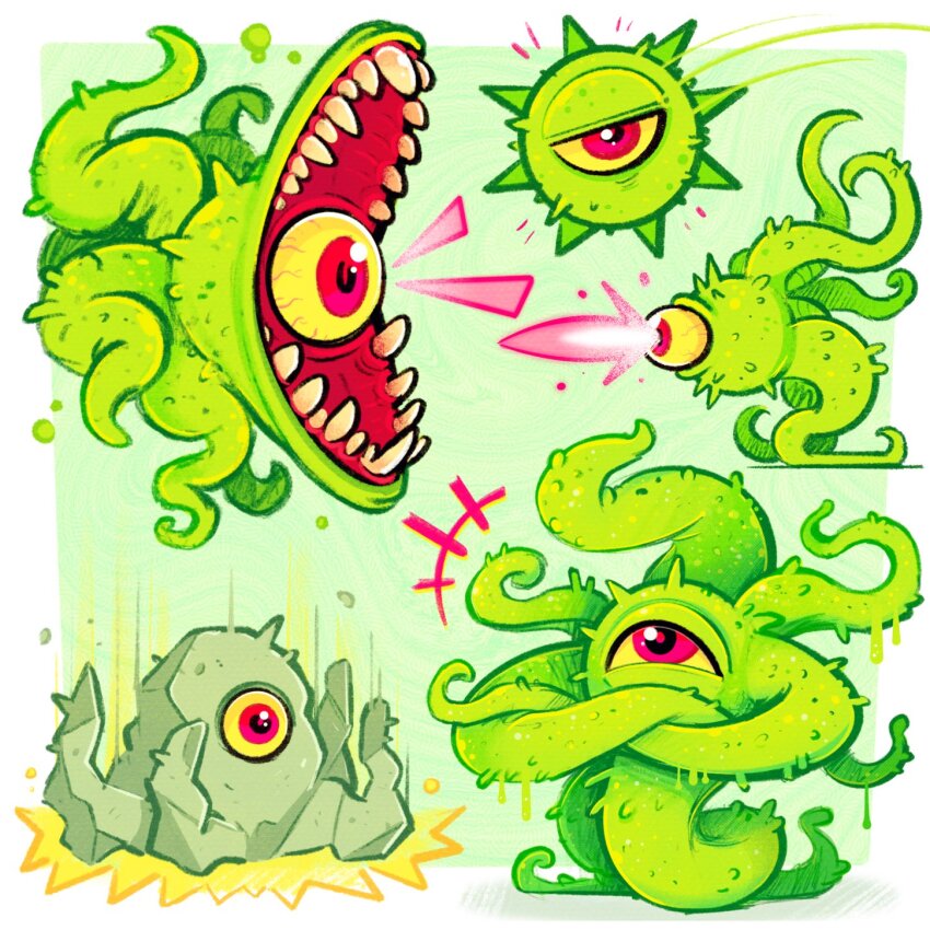 1boy colored_skin crossed_arms doctor_strange_(series) eldritch_abomination eye_beam green_skin highres marvel_vs._capcom mostlyghostly multiple_views no_humans one-eyed red_eyes rock sharp_teeth shuma_gorath simple_background spikes stretched_limb teeth tentacles