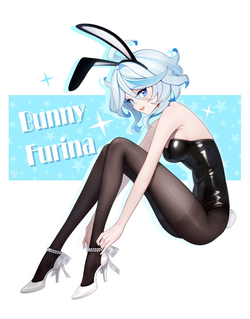1girl absurdres ahoge alternate_breast_size alternate_costume animal_ears bare_shoulders black_leotard black_pantyhose blue_eyes blue_hair blue_pupils breasts character_name commentary drop-shaped_pupils english_commentary english_text fake_animal_ears from_side furina_(genshin_impact) genshin_impact hair_between_eyes heterochromia high_heels highres large_breasts leotard light_blue_hair long_hair looking_at_viewer looking_to_the_side multicolored_hair netapai1 open_mouth pantyhose playboy_bunny rabbit_ears smile solo streaked_hair symbol-shaped_pupils white_background white_footwear white_hair
