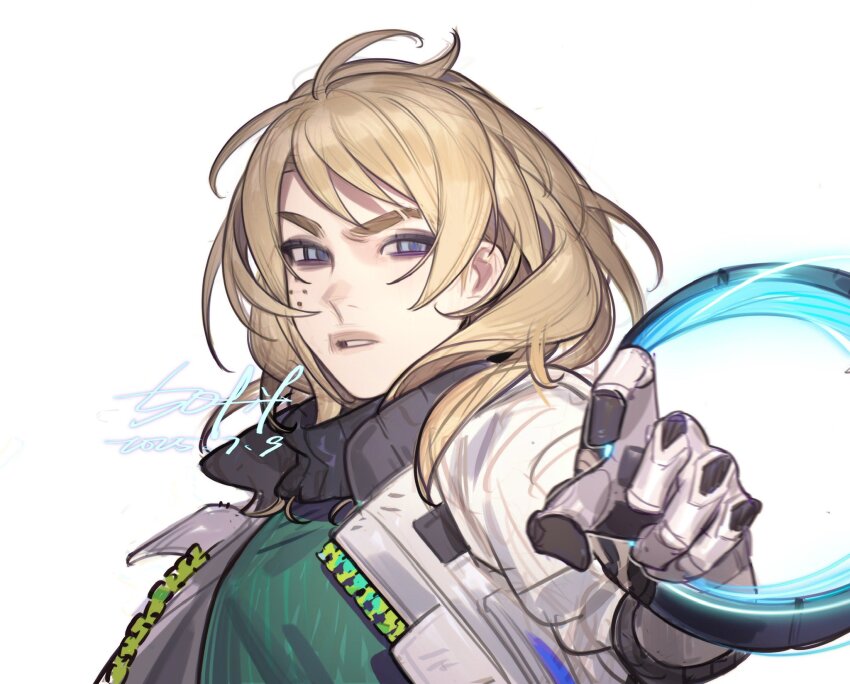 5ofif animification blonde_hair blue_eyes coil dated deadlock_(valorant) eyebrow_cut green_shirt highres jacket looking_at_viewer medium_hair mole mole_under_eye open_clothes open_jacket parted_bangs prosthesis prosthetic_arm reaching reaching_towards_viewer shirt signature simple_background turtleneck upper_body v-shaped_eyebrows valorant white_background white_jacket wire zipper