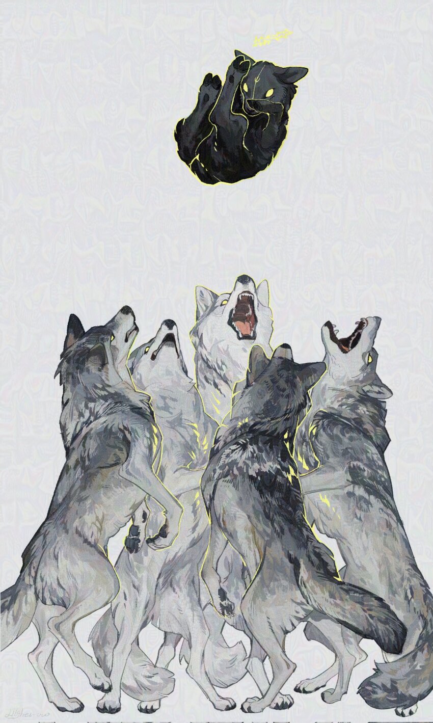 animal animal_focus baby_animal falling full_body grey_background halo highres hooves lamb nightcrow no_humans open_mouth original rearing sheep simple_background wolf yellow_eyes