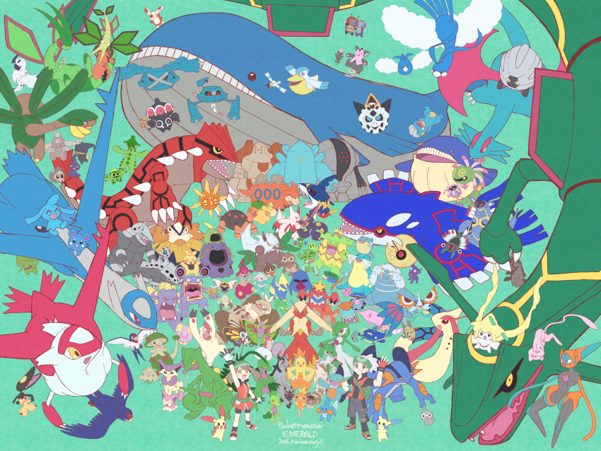 1boy 1girl absol absurdres aggron altaria anniversary anorith armaldo aron azurill bagon baltoy banette barboach beautifly beldum black_eyes blaziken blue_eyes blush breloom brendan_(pokemon) brown_hair cacnea cacturne camerupt carvanha cascoon castform castform_(normal) chimecho clamperl claydol combusken copyright_name corphish cradily crawdaunt creatures_(company) delcatty deoxys deoxys_(speed) dusclops duskull dustox electrike everyone exploud fang feebas fingerless_gloves flygon game_freak gardevoir gen_1_pokemon gen_3_pokemon glalie gloves gorebyss green_background green_eyes grey_hair groudon grovyle grumpig gulpin hariyama highres huntail illumise jirachi kecleon kirlia kyogre lairon latias latios legendary_pokemon lileep linoone lombre lotad loudred ludicolo lunatone luvdisc makuhita manectric marshtomp masquerain mawile may_(pokemon) medicham meditite metagross metang mew_(pokemon) mightyena milotic minun mudkip mythical_pokemon nincada ninjask nintendo nosepass numel nuzleaf open_mouth pelipper plusle pokemon pokemon_(creature) pokemon_rse poochyena ralts rayquaza red_eyes regice regirock registeel relicanth roselia_(pokemon) sableye salamence sceptile sealeo seedot seviper sharpedo shedinja shelgon shiftry shroomish shuppet silcoon simple_background skitty slaking slakoth snorunt solrock spheal spinda spoink starry-doll surskit swablu swalot swampert swellow taillow torchic torkoal trapinch treecko tropius vibrava vigoroth volbeat wailmer wailord walrein whiscash whismur wingull wurmple wynaut yellow_eyes zangoose zigzagoon