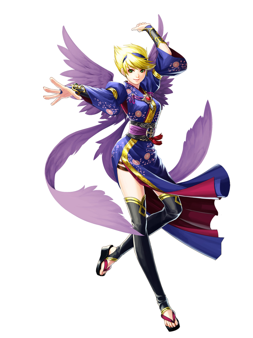 1girl angel_wings black_thighhighs blonde_hair bracer breasts breath_of_fire breath_of_fire_ii breath_of_fire_iii capcom company_connection female_focus green_eyes hairband highres hinata_gureko japanese_clothes kimono multiple_wings nina_(breath_of_fire_ii) nina_(breath_of_fire_iii) official_art onimusha_soul sandals short_hair simple_background smile solo thighhighs toeless_legwear toes white_background white_wings wings