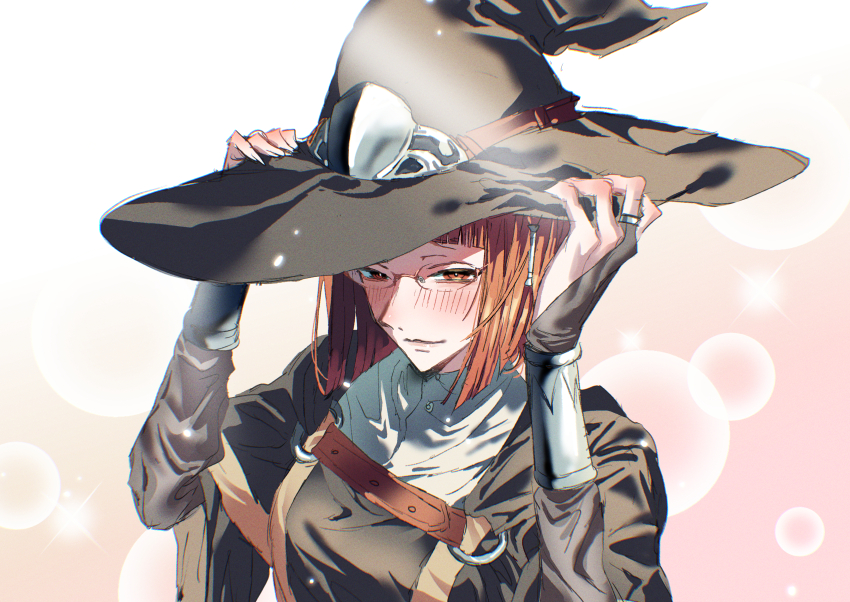 1girl absurdres black_bridal_gauntlets bridal_gauntlets diagonal_bangs fire_emblem fire_emblem_awakening glasses hair_tubes hat highres looking_at_viewer miriel_(fire_emblem) nintendo o-ring red-framed_eyewear red_eyes red_hair solo tsujii_luki witch_hat wrist_guards