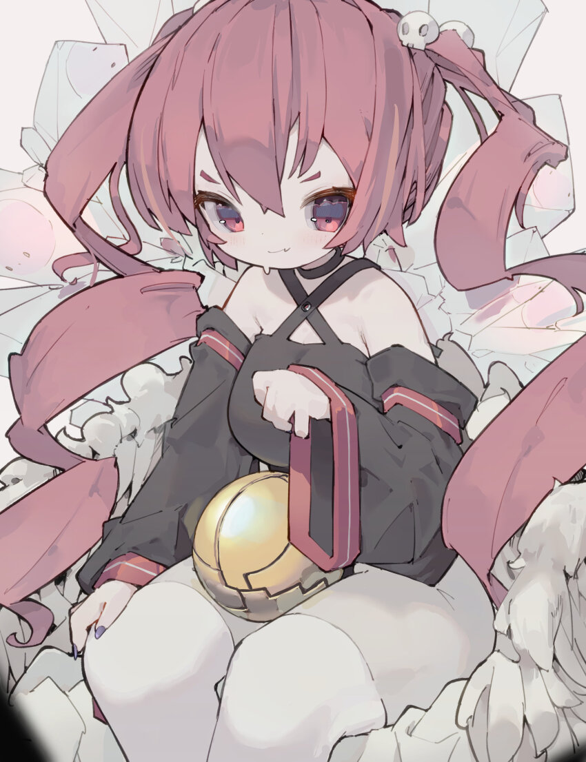 1girl absurdres black_choker black_shirt black_sleeves breasts choker closed_mouth commentary criss-cross_halter dated_commentary detached_sleeves fang fang_out hair_ornament halter_shirt halterneck hand_on_own_leg highres medium_breasts nep_(nep_76) original purple_nails red_eyes red_hair shirt sitting skin_fang skull_hair_ornament sleeveless sleeveless_shirt smile solo symbol-only_commentary tsurime v-shaped_eyebrows