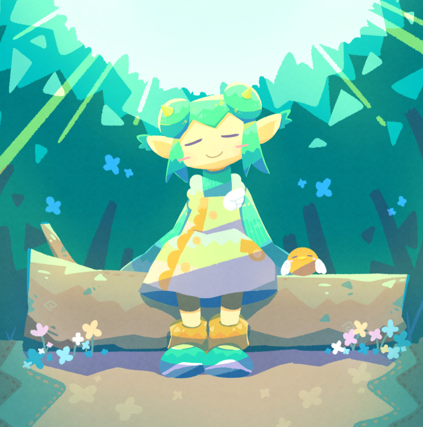 1girl animal arms_at_sides bird blush_stickers c: closed_eyes commentary day deformed dirt_road donut_hair_bun dress ear_tufts forest full_body green_dress green_footwear green_sweater hair_bun hand_rest happy highres leg_warmers lidelle_(puyopuyo) light_rays log meadow nature no_lineart no_nose orange_leg_warmers outdoors pinafore_dress pointy_ears puyopuyo puyopuyo_20th_anniversary road short_hair side-by-side sidelocks simple_flower sitting sitting_on_log sleeveless sleeveless_dress sleeves_past_wrists smile solo straight-on sunbeam sunlight sweater turtleneck turtleneck_sweater yuzuhamaru