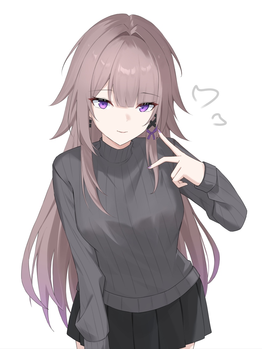 1girl absurdres alternate_costume black_skirt black_sweater breasts brown_hair cowboy_shot hair_ribbon hand_up herta_(honkai:_star_rail) highres honkai:_star_rail honkai_(series) long_hair long_sleeves looking_at_viewer medium_breasts nail_polish nicel parted_lips pleated_skirt purple_eyes purple_nails ribbon simple_background skirt smile solo sweater the_herta_(honkai:_star_rail) turtleneck turtleneck_sweater very_long_hair white_background