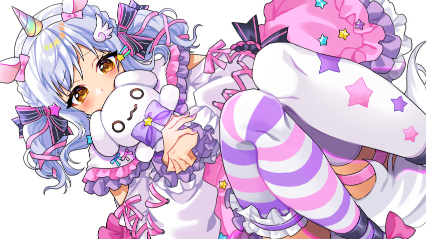 1girl animal_ears asymmetrical_legwear blue_hair blush bow braid brown_eyes commission covered_mouth dress frills hair_bow hair_ornament highres horns horse_ears hugging_object inuyama_tamaki kamo860 knees_up long_sleeves looking_at_viewer lying mismatched_legwear noripro pink_bow ribbon simple_background single_horn solo star_(symbol) star_hair_ornament stuffed_animal stuffed_toy tail thighhighs twintails virtual_youtuber white_background