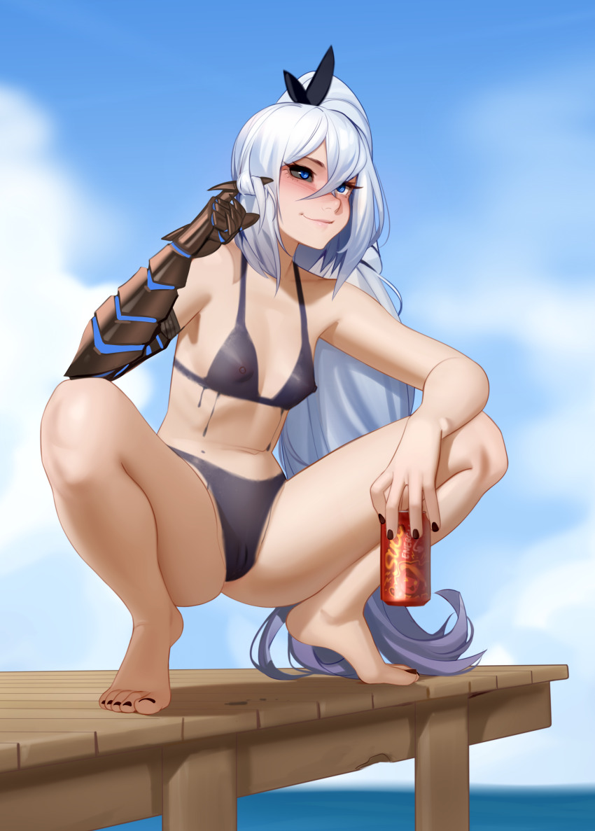 1girl absurdres barefoot black_sclera blush bodypaint breasts can cleft_of_venus cloud colored_sclera day dock drink drink_can eris_(atelier951) exhibitionism feet female_focus full_body gauntlets highres holding holding_drink kairunoburogu long_hair looking_at_viewer mismatched_sclera nail_polish naked_paint non-web_source ocean original outdoors painted_clothes pier playing_with_own_hair public_indecency side_ponytail sky small_breasts soda_can solo squatting tiptoes very_long_hair water