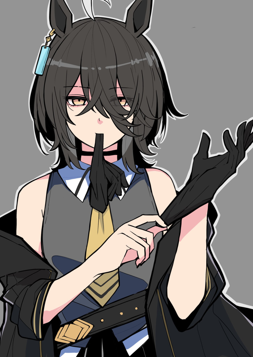 1girl adjusting_clothes alternate_hairstyle animal_ears belt biting black_belt black_choker black_gloves black_hair black_skirt choker coat collared_shirt crossed_bangs ear_tag earrings expressionless glove_in_mouth gloves grey_background hair_between_eyes highres horse_ears horse_girl jewelry kawamochi_(tddm3573) long_bangs long_hair_between_eyes long_sleeves looking_at_viewer manhattan_cafe_(umamusume) mouth_hold necktie open_clothes open_coat pleated_skirt putting_on_gloves shirt short_hair simple_background single_earring skirt sleeveless sleeveless_shirt solo umamusume unworn_gloves variant_set wolf_cut yellow_eyes yellow_necktie